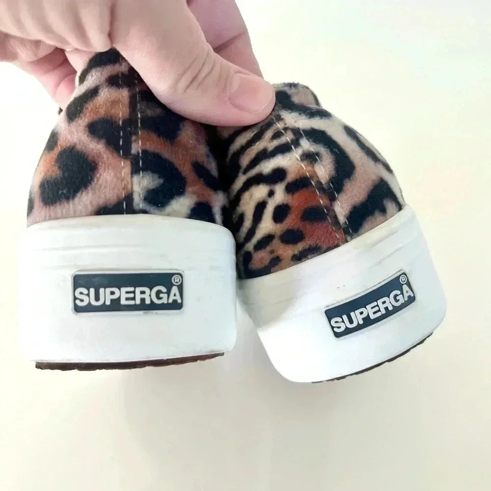 Superga Velvet Leopard Print Chunky Platform Lace-Up Sneakers Size‎ 39.5